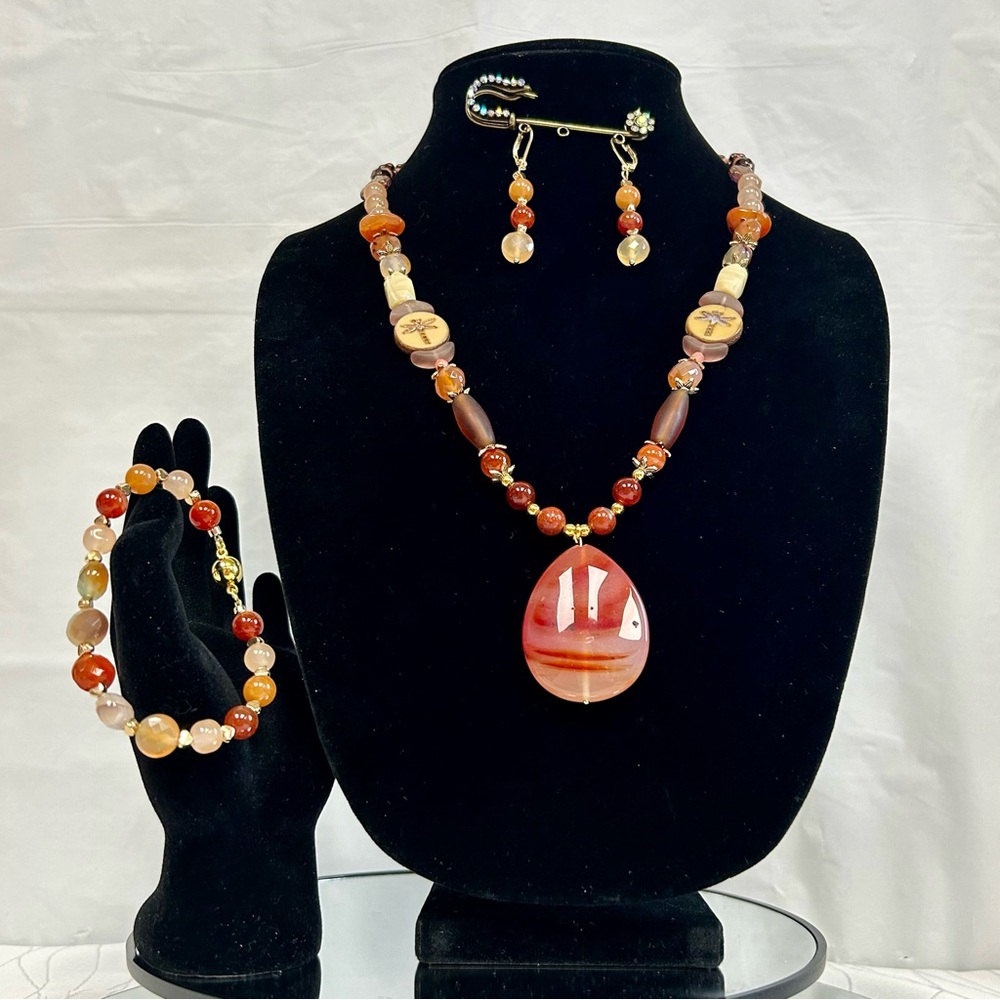 Dragonfly 3pc. Jewelry Set - Carnelian Agate, Faceted Peacock Agate, Peach Glass - Picture 5 of 9